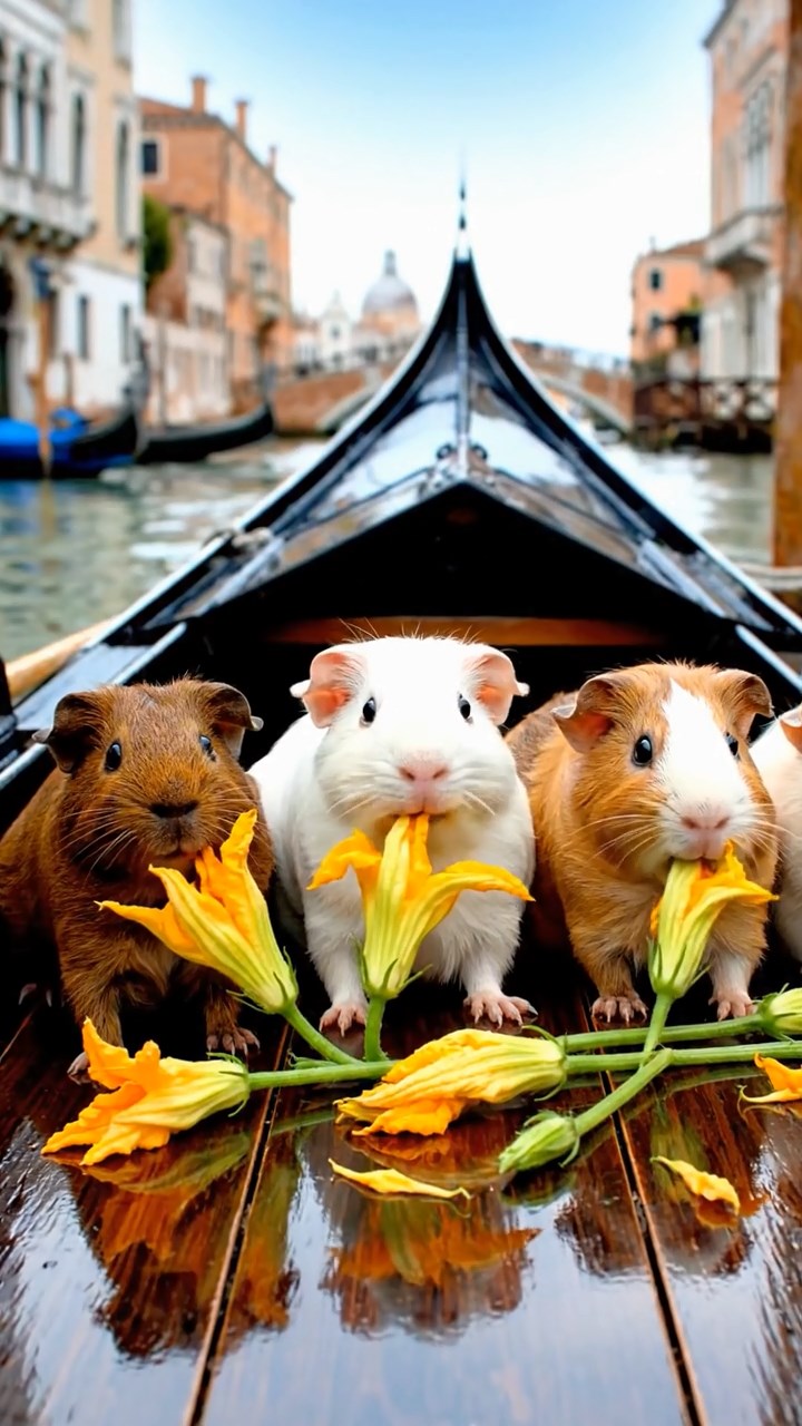1137. Realistic image of 5 smooth-haired Rex guinea pigs in brown, cream, and fawn colors, munching on zucchini flowers, on a floating Venice gondola with canal reflections.
