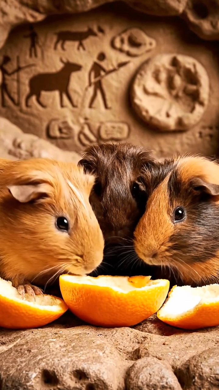 1138. Highly detailed view of 4 smooth-haired Coronet guinea pigs with chocolate, cinnamon, and sable fur, sharing orange peels, in a prehistoric cave with wall paintings and fossils.