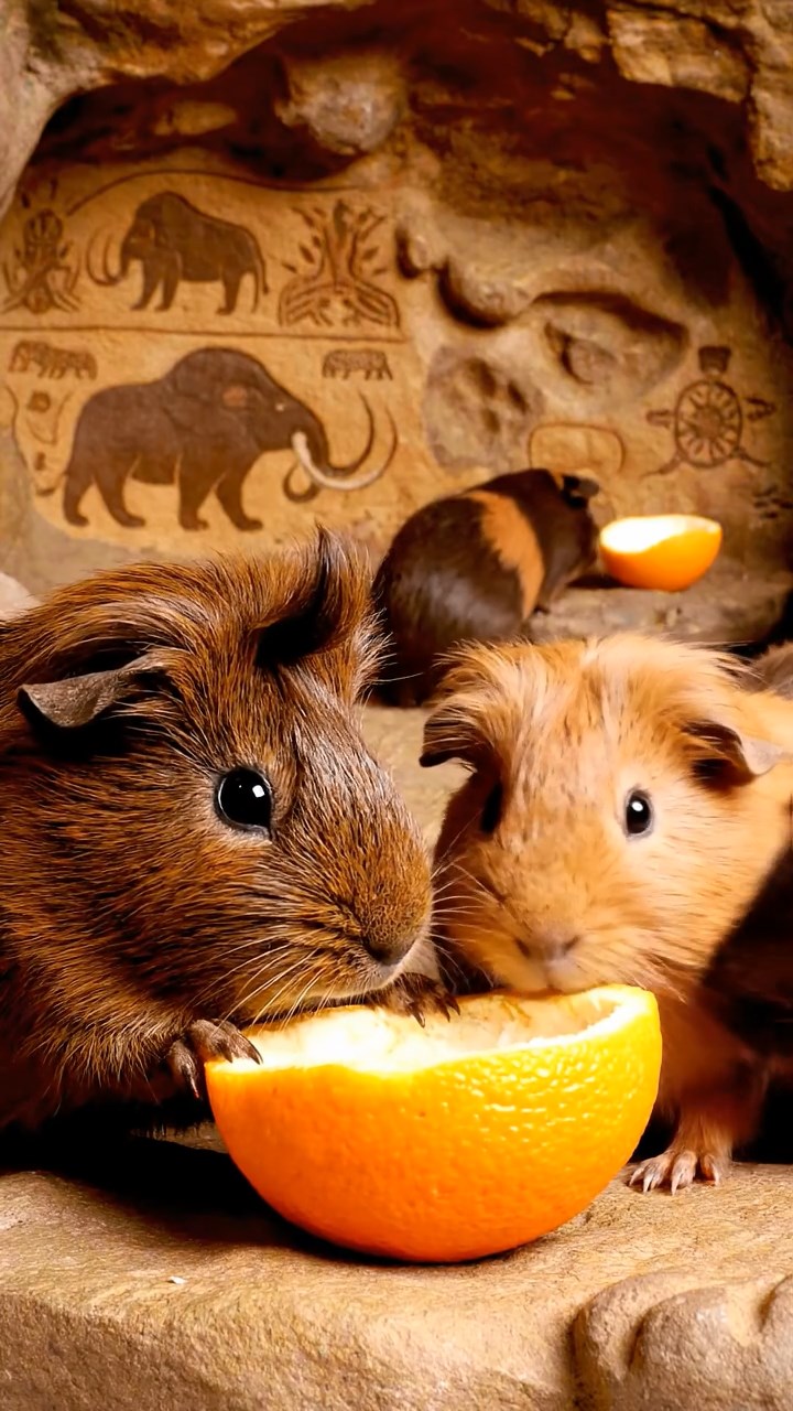 1138. Highly detailed view of 4 smooth-haired Coronet guinea pigs with chocolate, cinnamon, and sable fur, sharing orange peels, in a prehistoric cave with wall paintings and fossils.