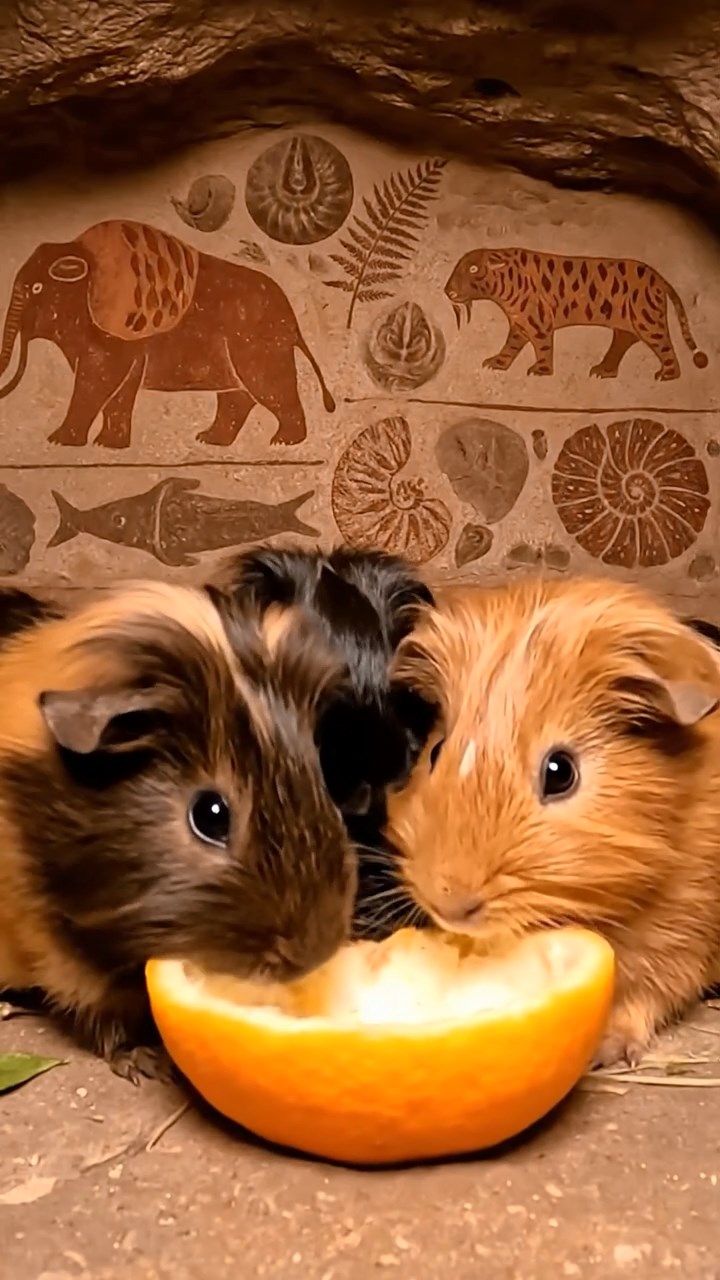 1138. Highly detailed view of 4 smooth-haired Coronet guinea pigs with chocolate, cinnamon, and sable fur, sharing orange peels, in a prehistoric cave with wall paintings and fossils.