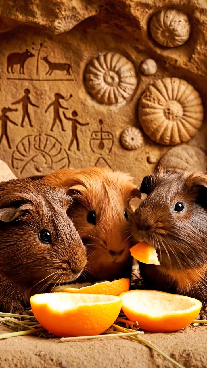 1138. Highly detailed view of 4 smooth-haired Coronet guinea pigs with chocolate, cinnamon, and sable fur, sharing orange peels, in a prehistoric cave with wall paintings and fossils.