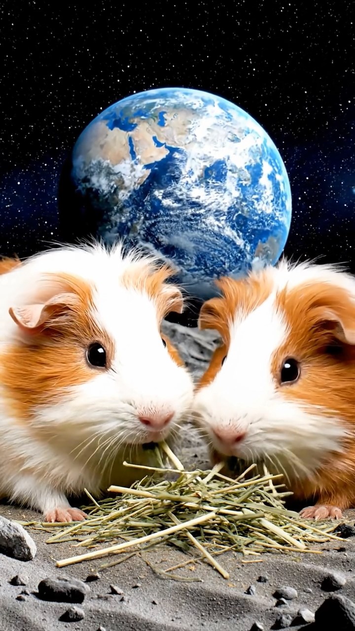 1139. Photorealistic scene of 2 smooth-haired White Crested guinea pigs featuring white and orange coats, eating alfalfa hay, on a lunar moon base crater with earthrise in view.