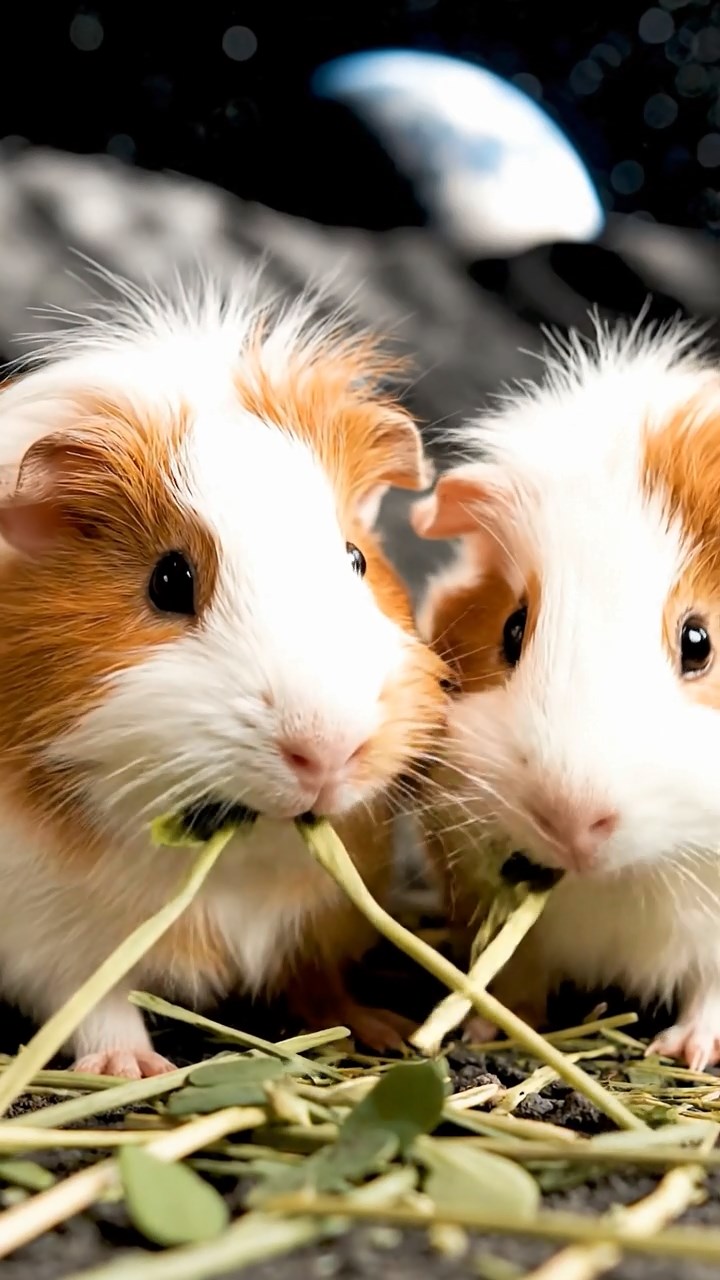 1139. Photorealistic scene of 2 smooth-haired White Crested guinea pigs featuring white and orange coats, eating alfalfa hay, on a lunar moon base crater with earthrise in view.