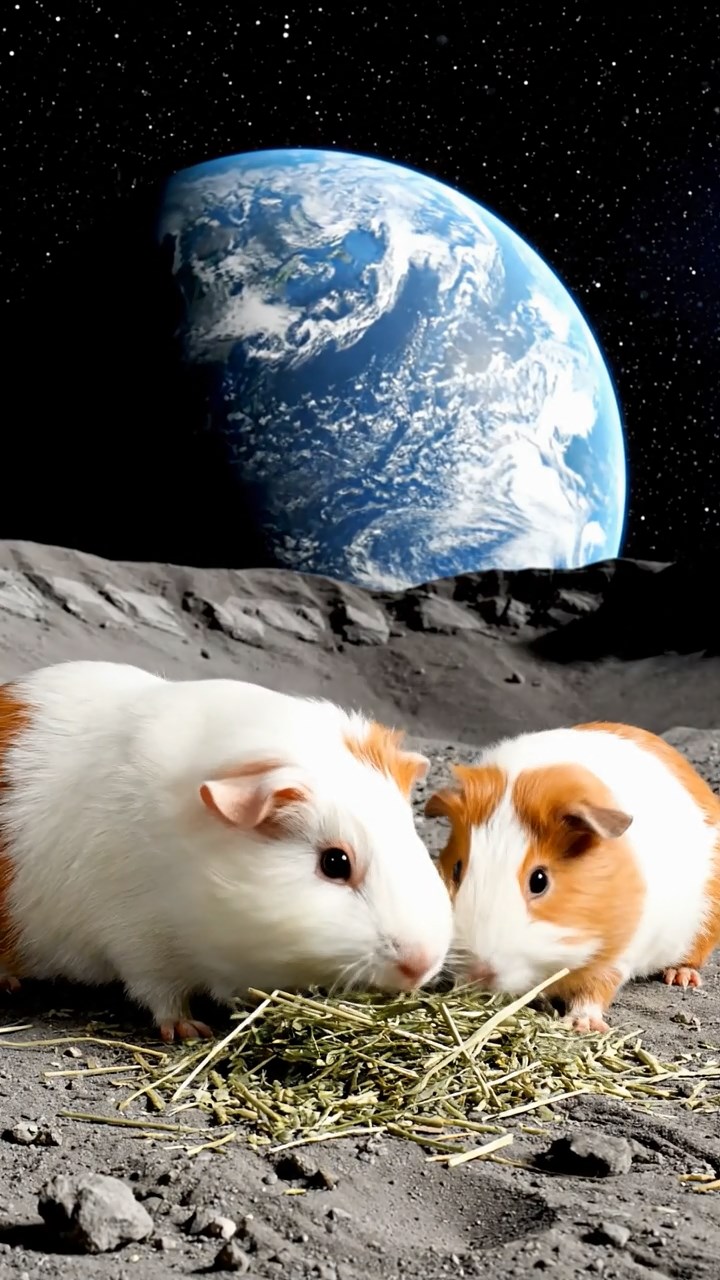 1139. Photorealistic scene of 2 smooth-haired White Crested guinea pigs featuring white and orange coats, eating alfalfa hay, on a lunar moon base crater with earthrise in view.