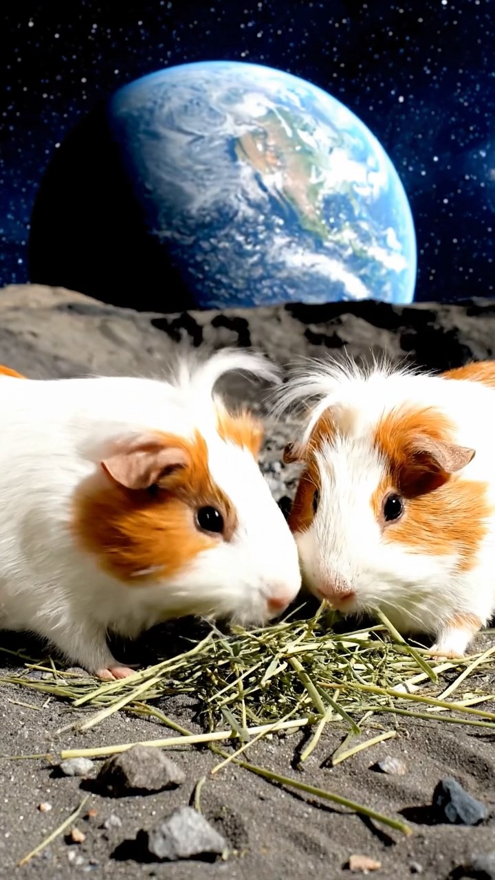 1139. Photorealistic scene of 2 smooth-haired White Crested guinea pigs featuring white and orange coats, eating alfalfa hay, on a lunar moon base crater with earthrise in view.