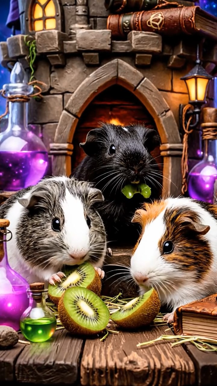 1140. Realistic depiction of 3 smooth-haired Skinny guinea pigs with gray, black, and brown fur, nibbling on kiwi skins, inside a magical wizard's tower with potion bottles and spellbooks.