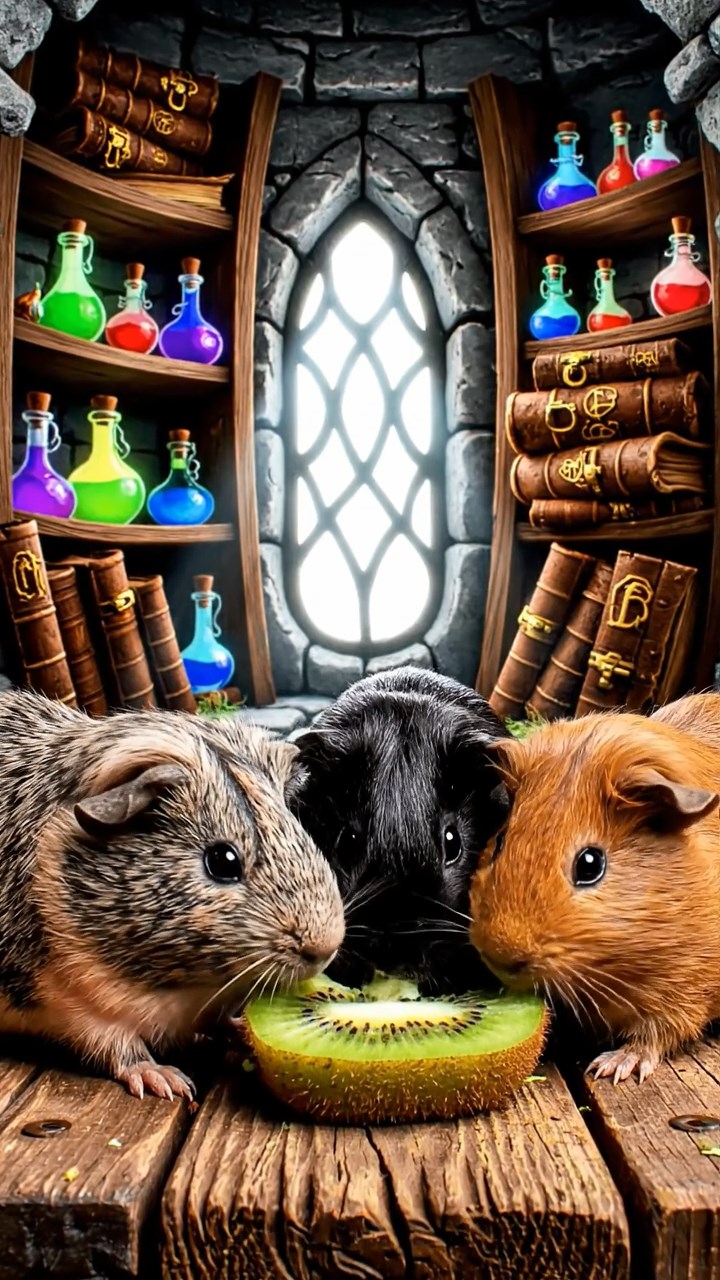 1140. Realistic depiction of 3 smooth-haired Skinny guinea pigs with gray, black, and brown fur, nibbling on kiwi skins, inside a magical wizard's tower with potion bottles and spellbooks.