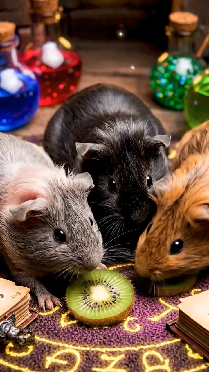 1140. Realistic depiction of 3 smooth-haired Skinny guinea pigs with gray, black, and brown fur, nibbling on kiwi skins, inside a magical wizard's tower with potion bottles and spellbooks.