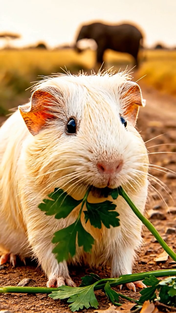 1141. Detailed photo of 1 smooth-haired American guinea pig with cream fur, chewing on parsley stems, on a safari jeep trail with elephants and savanna grasses.