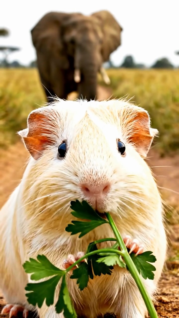 1141. Detailed photo of 1 smooth-haired American guinea pig with cream fur, chewing on parsley stems, on a safari jeep trail with elephants and savanna grasses.
