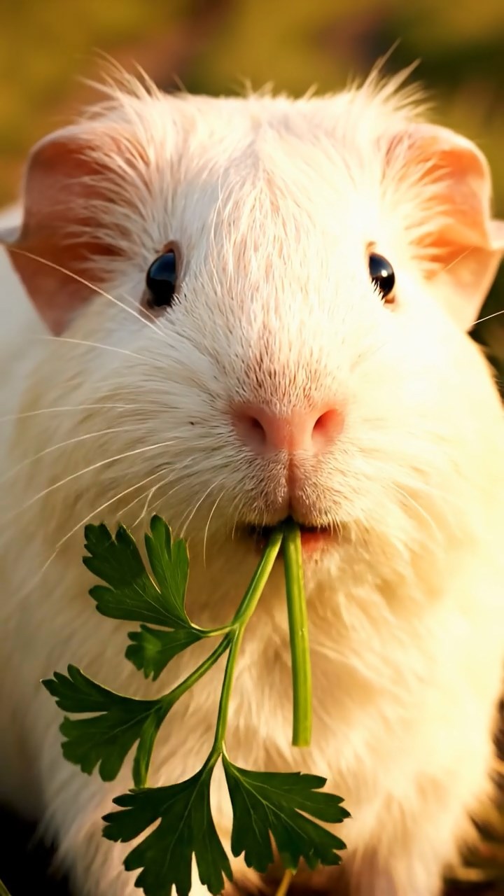 1141. Detailed photo of 1 smooth-haired American guinea pig with cream fur, chewing on parsley stems, on a safari jeep trail with elephants and savanna grasses.