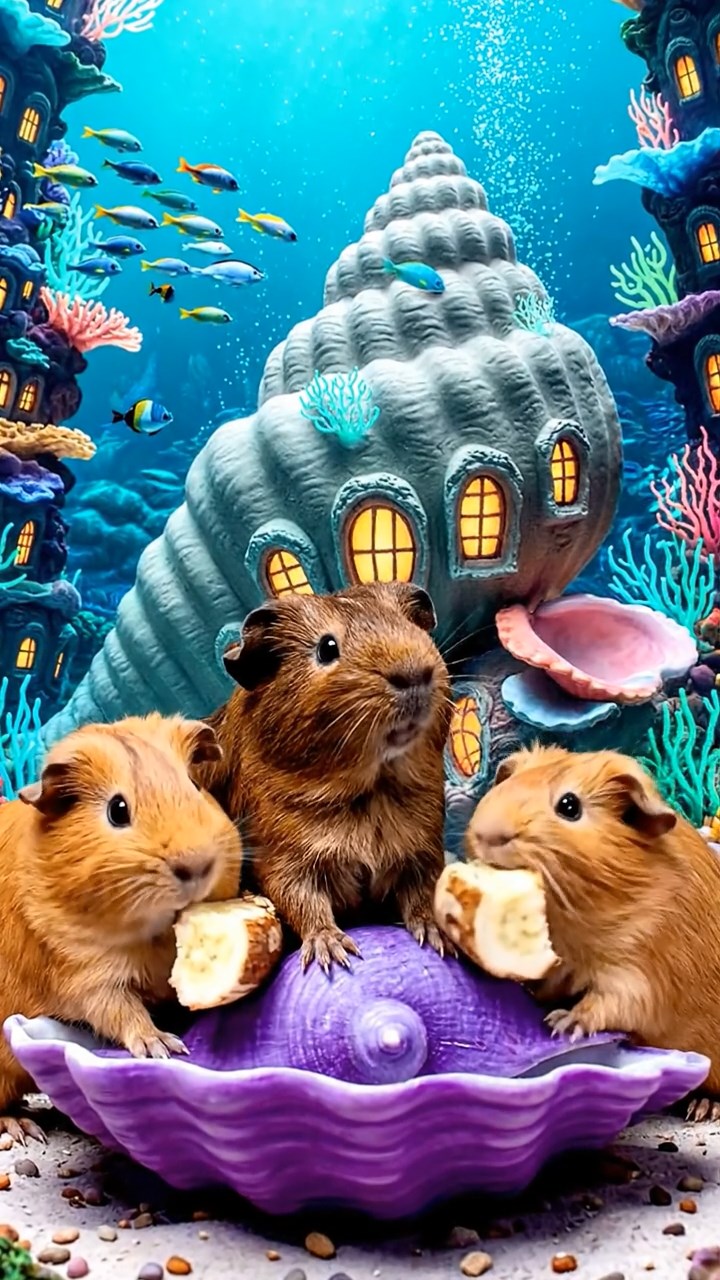 1142. Photorealistic image of 4 smooth-haired Abyssinian guinea pigs in fawn, chocolate, and cinnamon colors, sharing banana chunks, in a underwater mermaid city with seashell buildings.