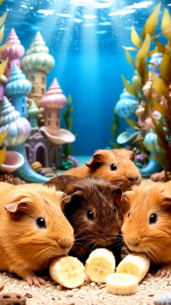 1142. Photorealistic image of 4 smooth-haired Abyssinian guinea pigs in fawn, chocolate, and cinnamon colors, sharing banana chunks, in a underwater mermaid city with seashell buildings.