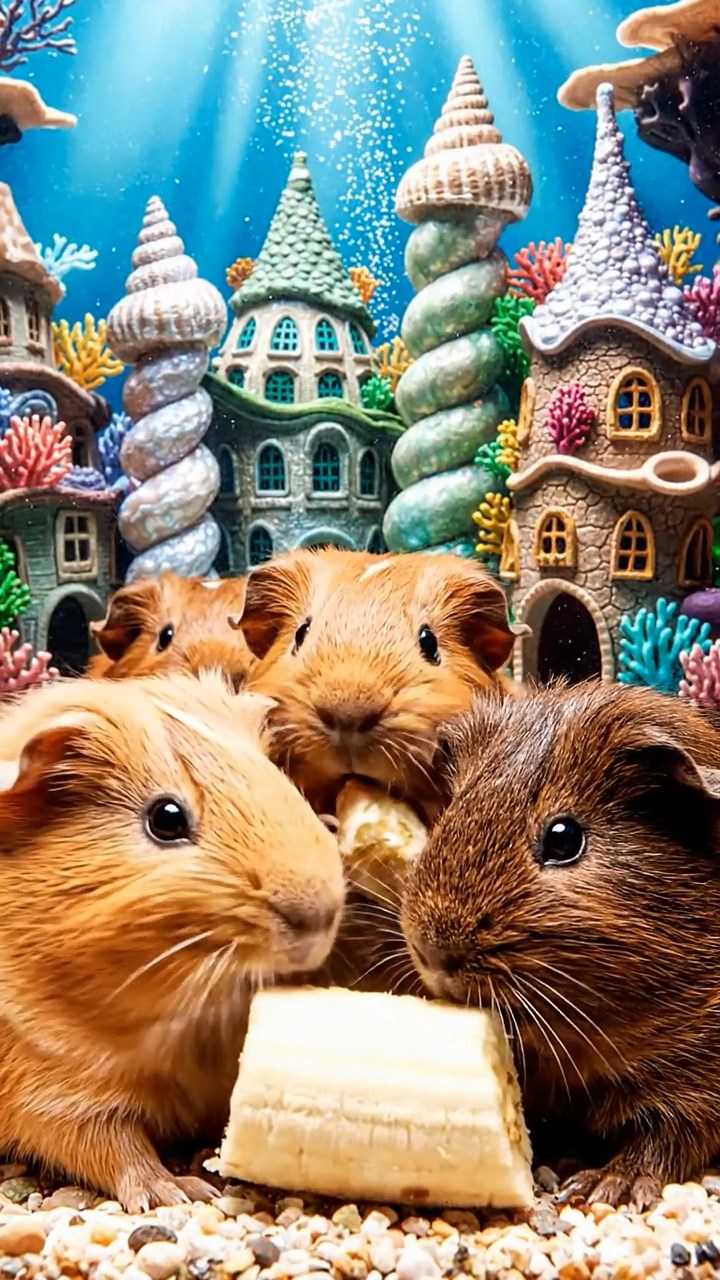 1142. Photorealistic image of 4 smooth-haired Abyssinian guinea pigs in fawn, chocolate, and cinnamon colors, sharing banana chunks, in a underwater mermaid city with seashell buildings.