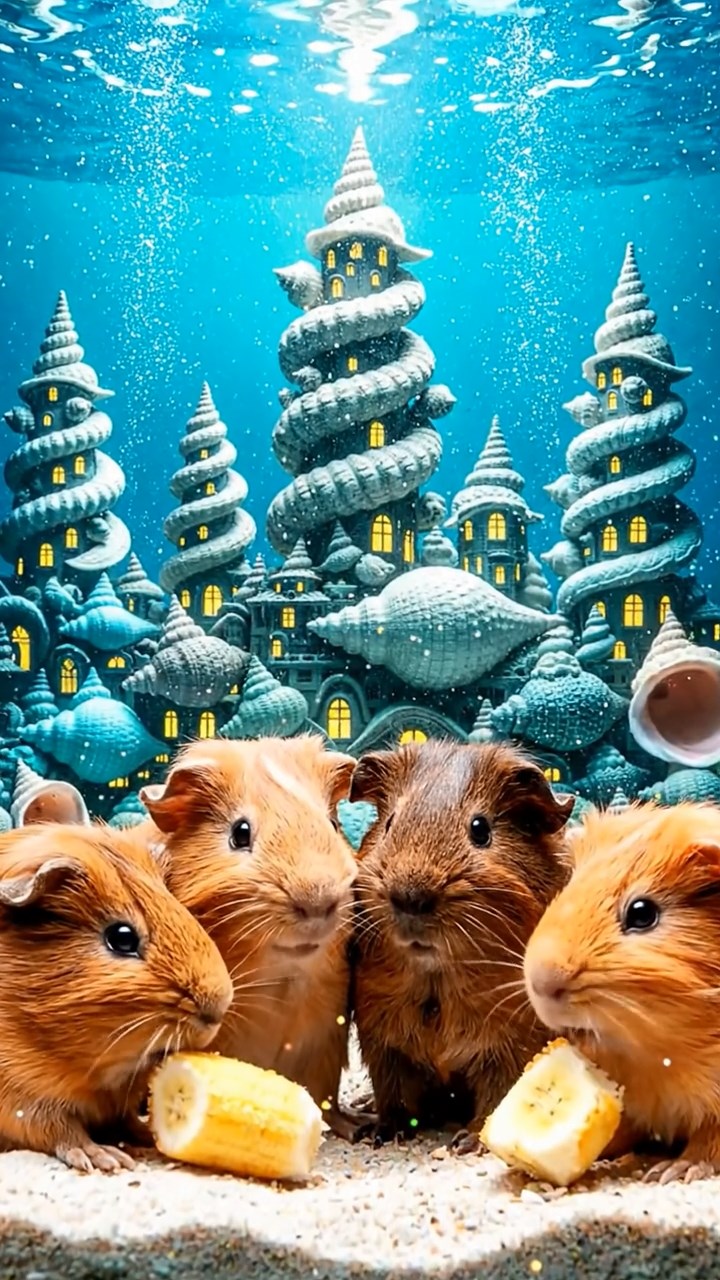 1142. Photorealistic image of 4 smooth-haired Abyssinian guinea pigs in fawn, chocolate, and cinnamon colors, sharing banana chunks, in a underwater mermaid city with seashell buildings.