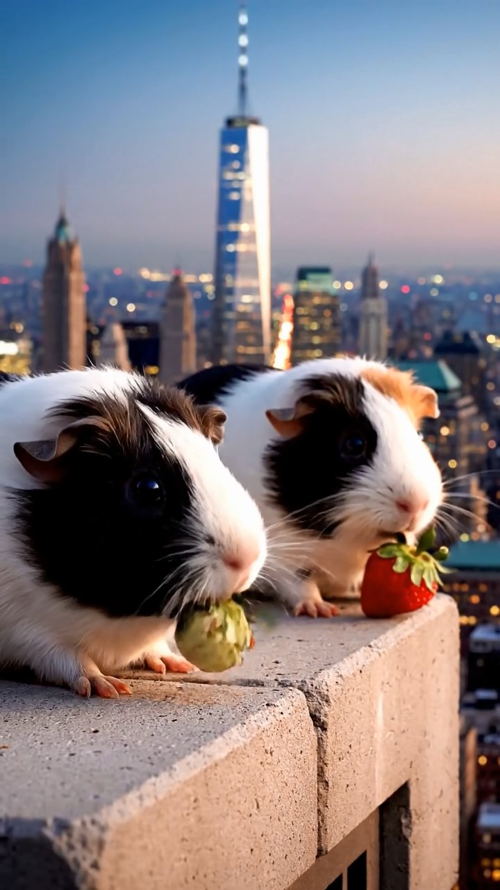 1143. Realistic scene of 2 smooth-haired Peruvian guinea pigs with sable and white fur, munching on strawberry tops, atop a New York skyscraper ledge with city lights twinkling.