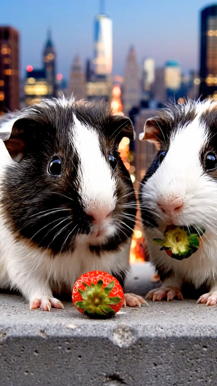 1143. Realistic scene of 2 smooth-haired Peruvian guinea pigs with sable and white fur, munching on strawberry tops, atop a New York skyscraper ledge with city lights twinkling.