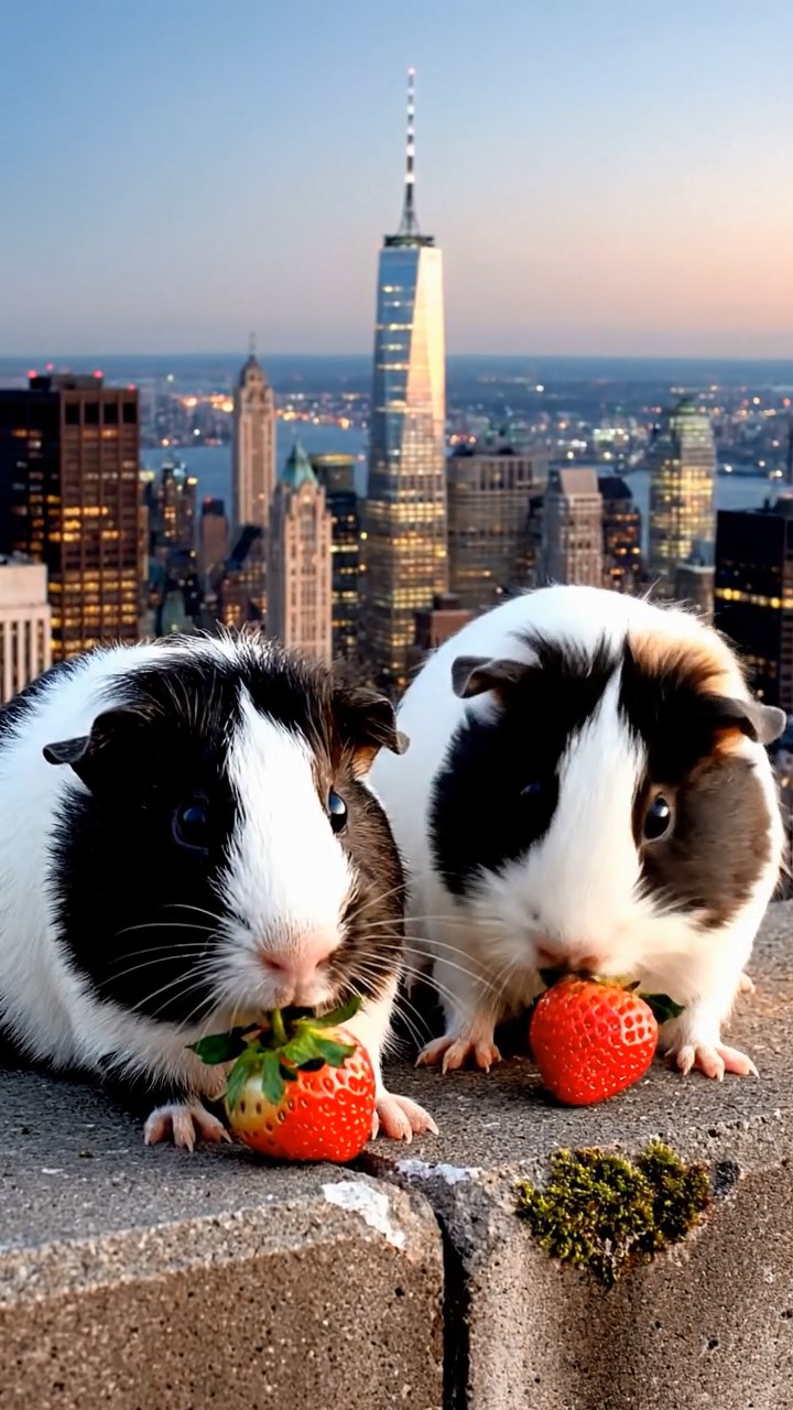 1143. Realistic scene of 2 smooth-haired Peruvian guinea pigs with sable and white fur, munching on strawberry tops, atop a New York skyscraper ledge with city lights twinkling.