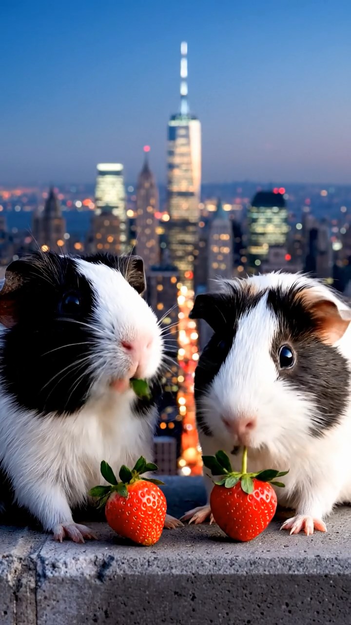 1143. Realistic scene of 2 smooth-haired Peruvian guinea pigs with sable and white fur, munching on strawberry tops, atop a New York skyscraper ledge with city lights twinkling.