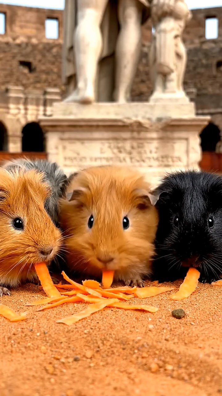 1144. Highly detailed view of 5 smooth-haired Silkie guinea pigs featuring orange, gray, and black coats, eating carrot shreds, in a ancient Roman colosseum arena with gladiator statues.