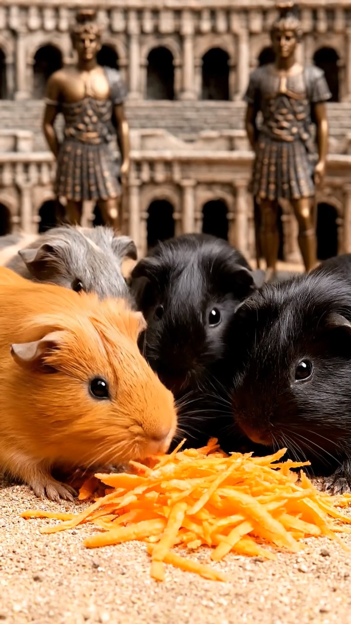 1144. Highly detailed view of 5 smooth-haired Silkie guinea pigs featuring orange, gray, and black coats, eating carrot shreds, in a ancient Roman colosseum arena with gladiator statues.