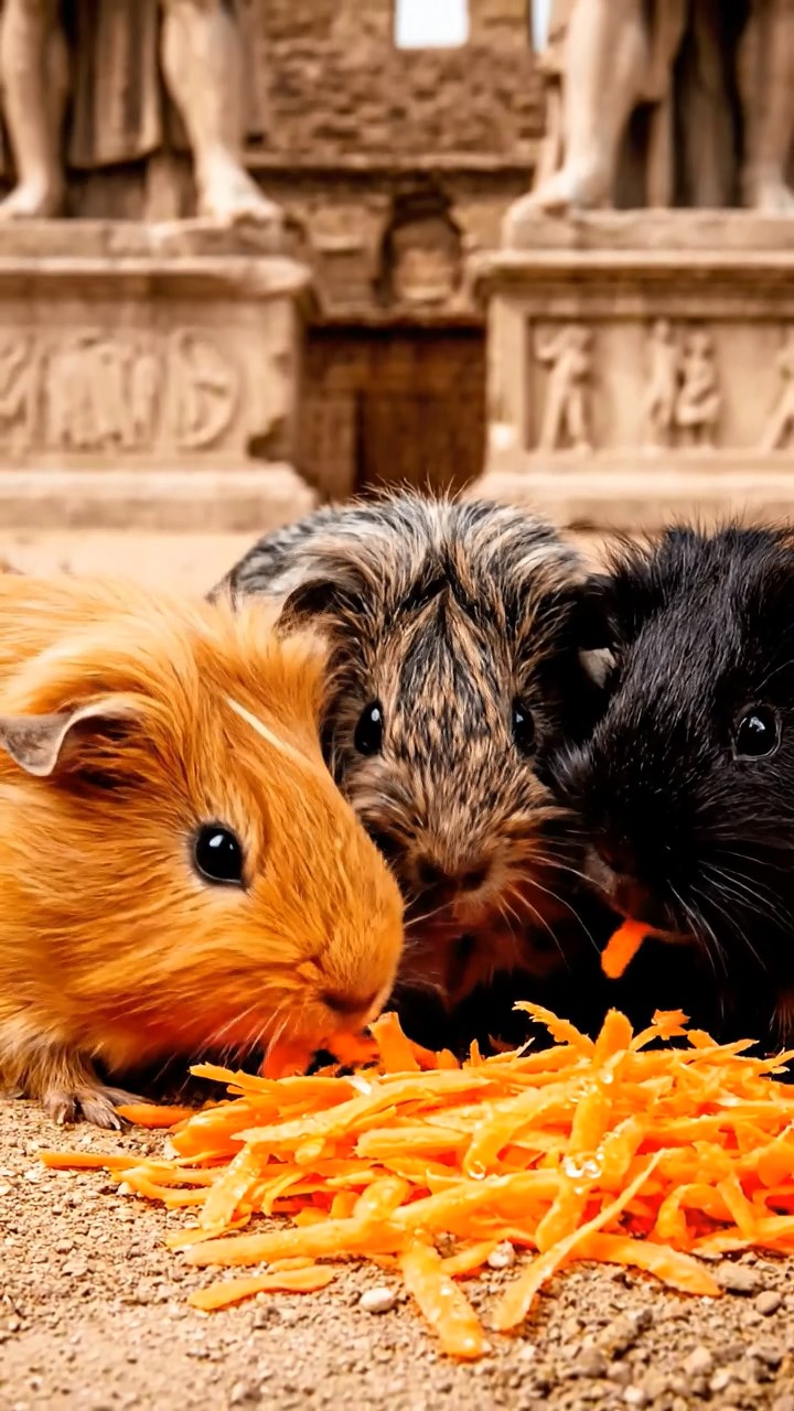 1144. Highly detailed view of 5 smooth-haired Silkie guinea pigs featuring orange, gray, and black coats, eating carrot shreds, in a ancient Roman colosseum arena with gladiator statues.