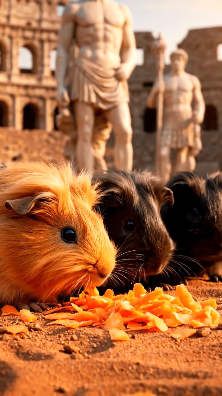 1144. Highly detailed view of 5 smooth-haired Silkie guinea pigs featuring orange, gray, and black coats, eating carrot shreds, in a ancient Roman colosseum arena with gladiator statues.