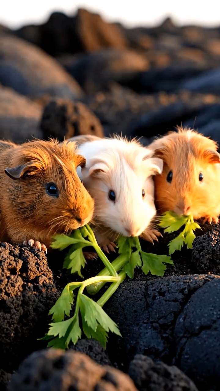 1145. Photorealistic photo of 3 smooth-haired Teddy guinea pigs with brown, cream, and fawn fur, nibbling on celery leaves, on a Hawaiian lava field with cooling black rock flows.