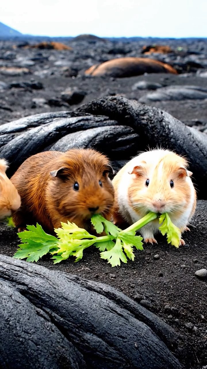 1145. Photorealistic photo of 3 smooth-haired Teddy guinea pigs with brown, cream, and fawn fur, nibbling on celery leaves, on a Hawaiian lava field with cooling black rock flows.
