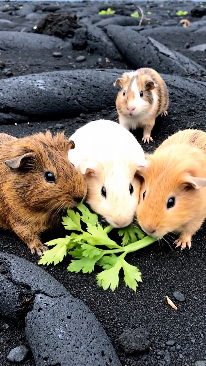 1145. Photorealistic photo of 3 smooth-haired Teddy guinea pigs with brown, cream, and fawn fur, nibbling on celery leaves, on a Hawaiian lava field with cooling black rock flows.