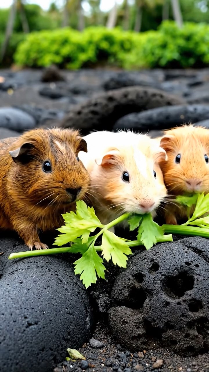 1145. Photorealistic photo of 3 smooth-haired Teddy guinea pigs with brown, cream, and fawn fur, nibbling on celery leaves, on a Hawaiian lava field with cooling black rock flows.