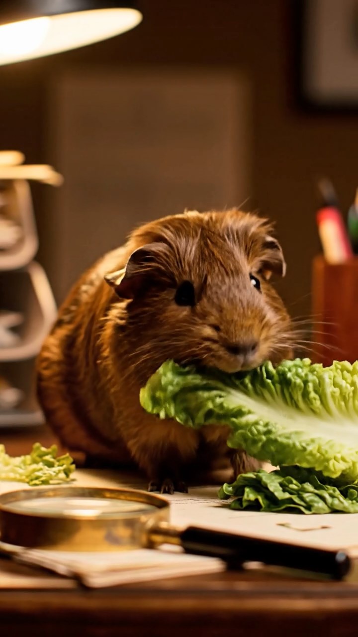 1146. Realistic depiction of 1 smooth-haired Texel guinea pig with chocolate fur, chewing on romaine hearts, inside a cozy detective's office with files and magnifying glasses.