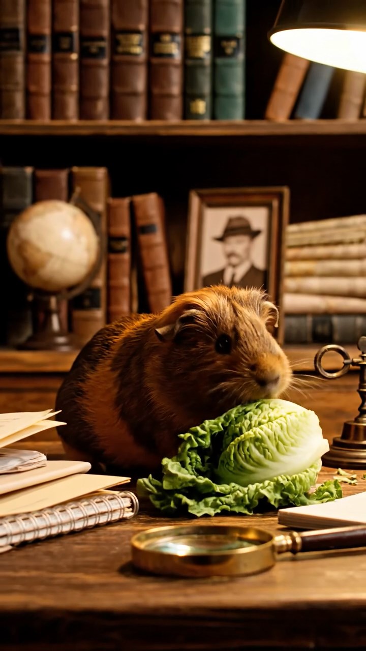 1146. Realistic depiction of 1 smooth-haired Texel guinea pig with chocolate fur, chewing on romaine hearts, inside a cozy detective's office with files and magnifying glasses.