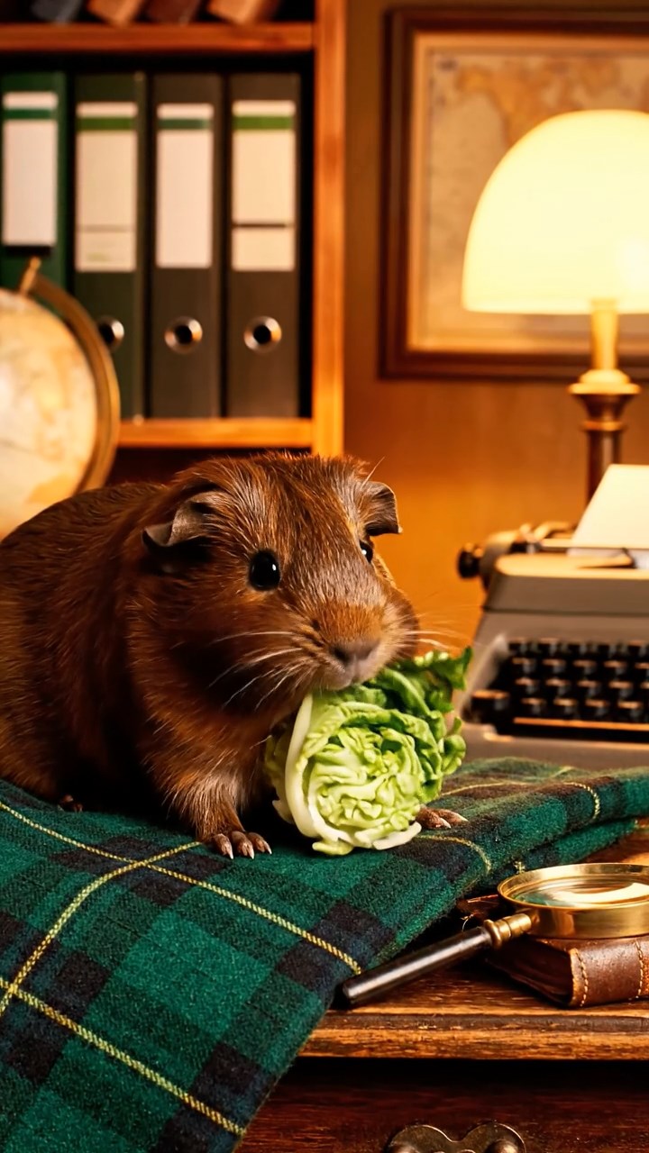 1146. Realistic depiction of 1 smooth-haired Texel guinea pig with chocolate fur, chewing on romaine hearts, inside a cozy detective's office with files and magnifying glasses.