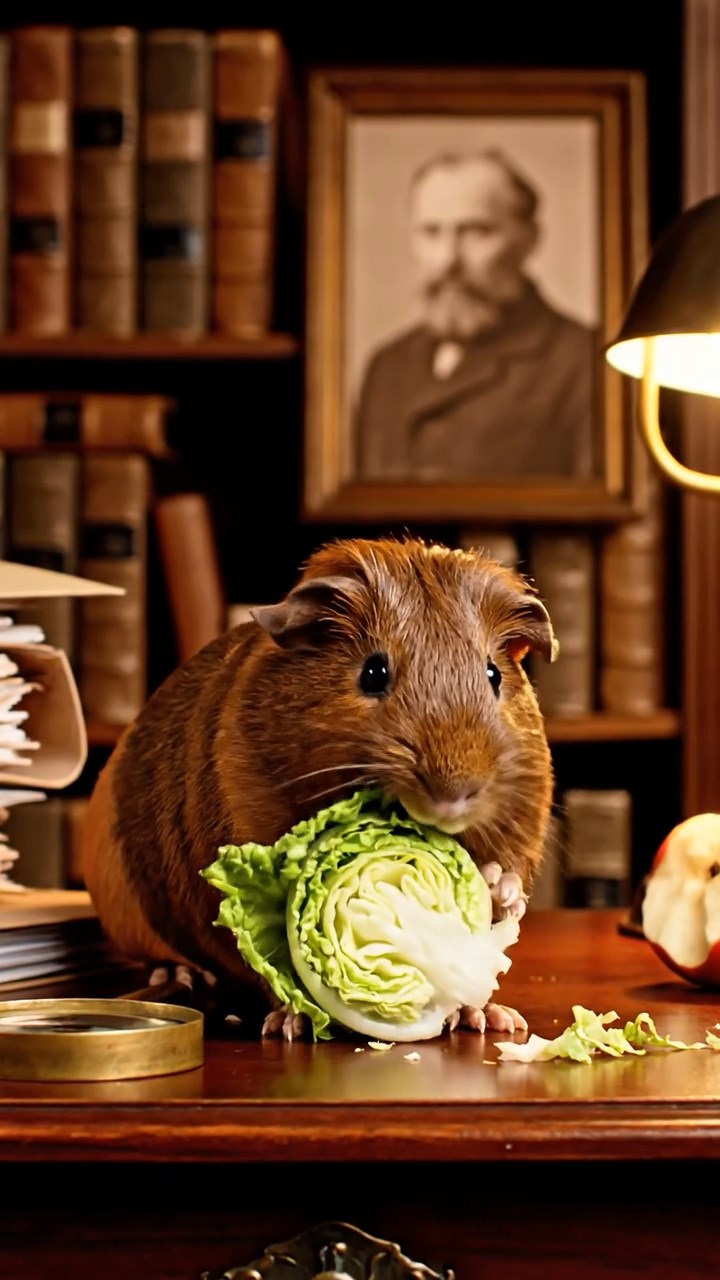 1146. Realistic depiction of 1 smooth-haired Texel guinea pig with chocolate fur, chewing on romaine hearts, inside a cozy detective's office with files and magnifying glasses.