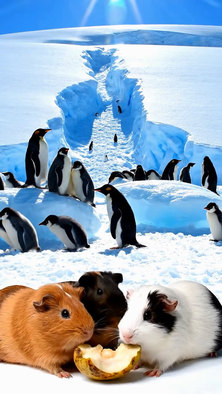 1147. Detailed image of 4 smooth-haired Rex guinea pigs in cinnamon, sable, and white colors, sharing pear cores, on a Antarctic penguin rookery with chicks and ice slides.