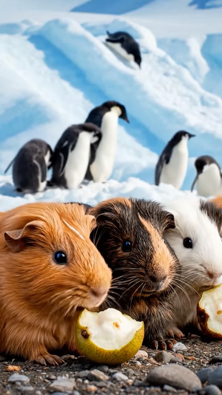 1147. Detailed image of 4 smooth-haired Rex guinea pigs in cinnamon, sable, and white colors, sharing pear cores, on a Antarctic penguin rookery with chicks and ice slides.