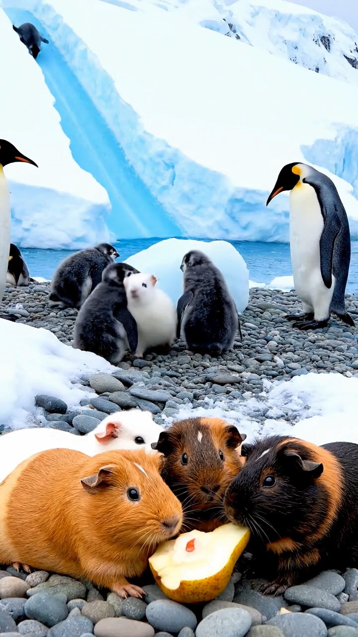 1147. Detailed image of 4 smooth-haired Rex guinea pigs in cinnamon, sable, and white colors, sharing pear cores, on a Antarctic penguin rookery with chicks and ice slides.