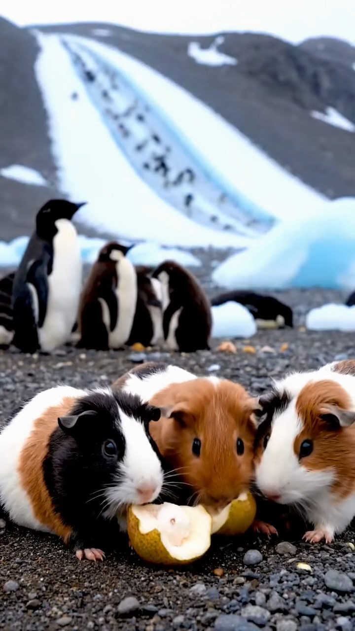 1147. Detailed image of 4 smooth-haired Rex guinea pigs in cinnamon, sable, and white colors, sharing pear cores, on a Antarctic penguin rookery with chicks and ice slides.