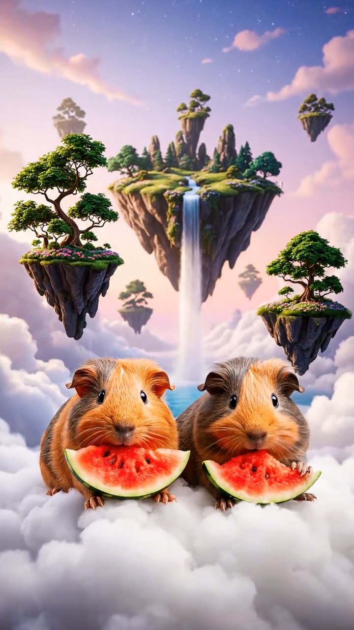 1148. Photorealistic scene of 2 smooth-haired Coronet guinea pigs with orange and gray fur, munching on watermelon slices, in a surreal dreamscape cloud with floating islands.