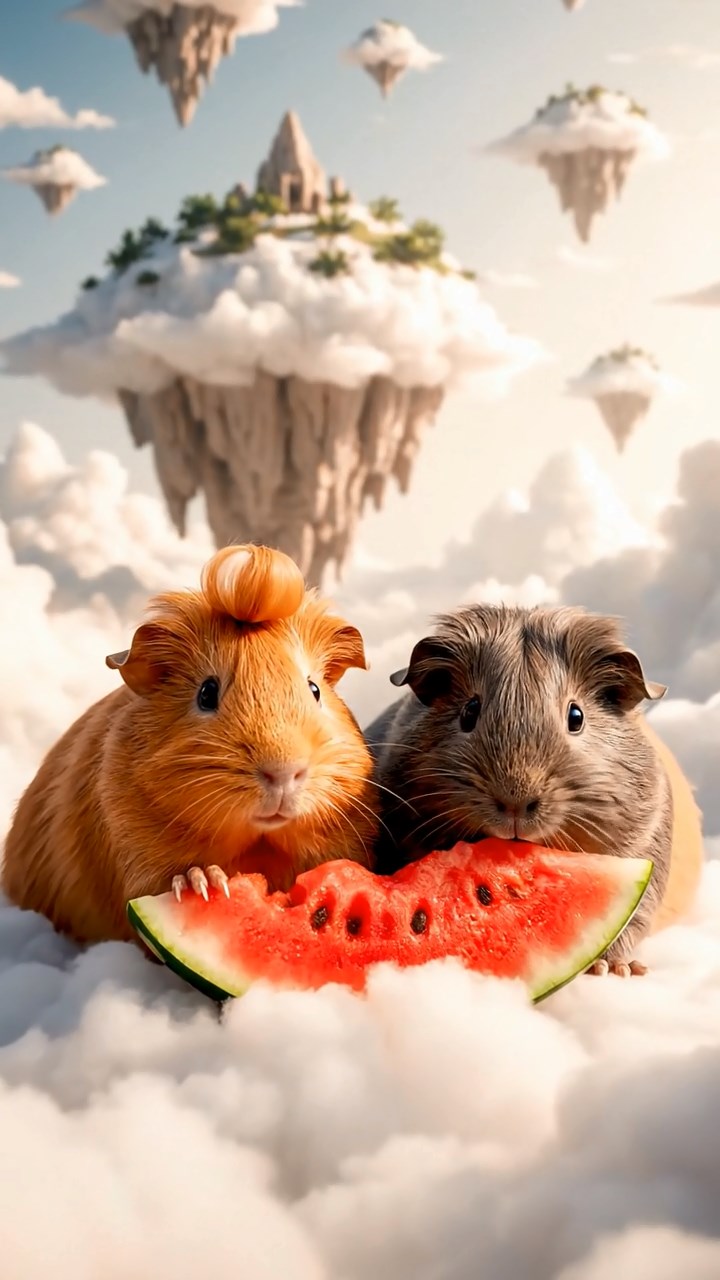 1148. Photorealistic scene of 2 smooth-haired Coronet guinea pigs with orange and gray fur, munching on watermelon slices, in a surreal dreamscape cloud with floating islands.
