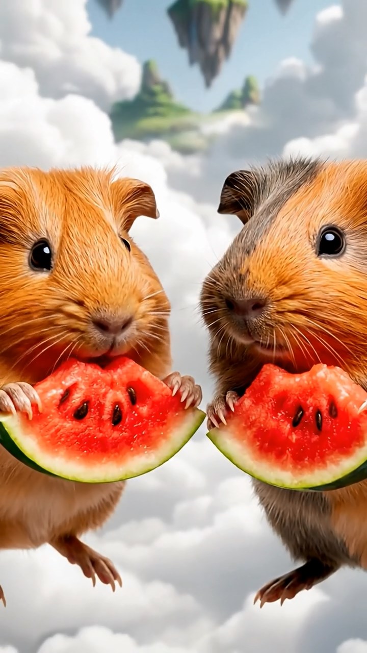 1148. Photorealistic scene of 2 smooth-haired Coronet guinea pigs with orange and gray fur, munching on watermelon slices, in a surreal dreamscape cloud with floating islands.