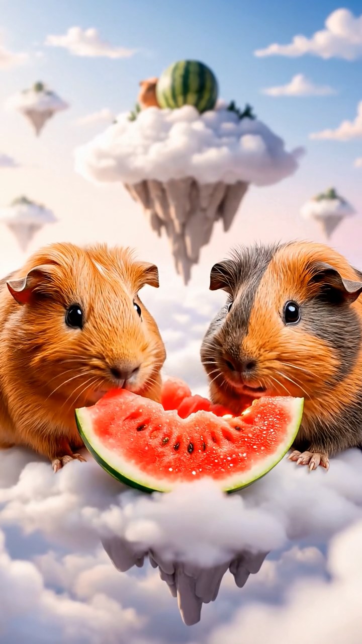 1148. Photorealistic scene of 2 smooth-haired Coronet guinea pigs with orange and gray fur, munching on watermelon slices, in a surreal dreamscape cloud with floating islands.