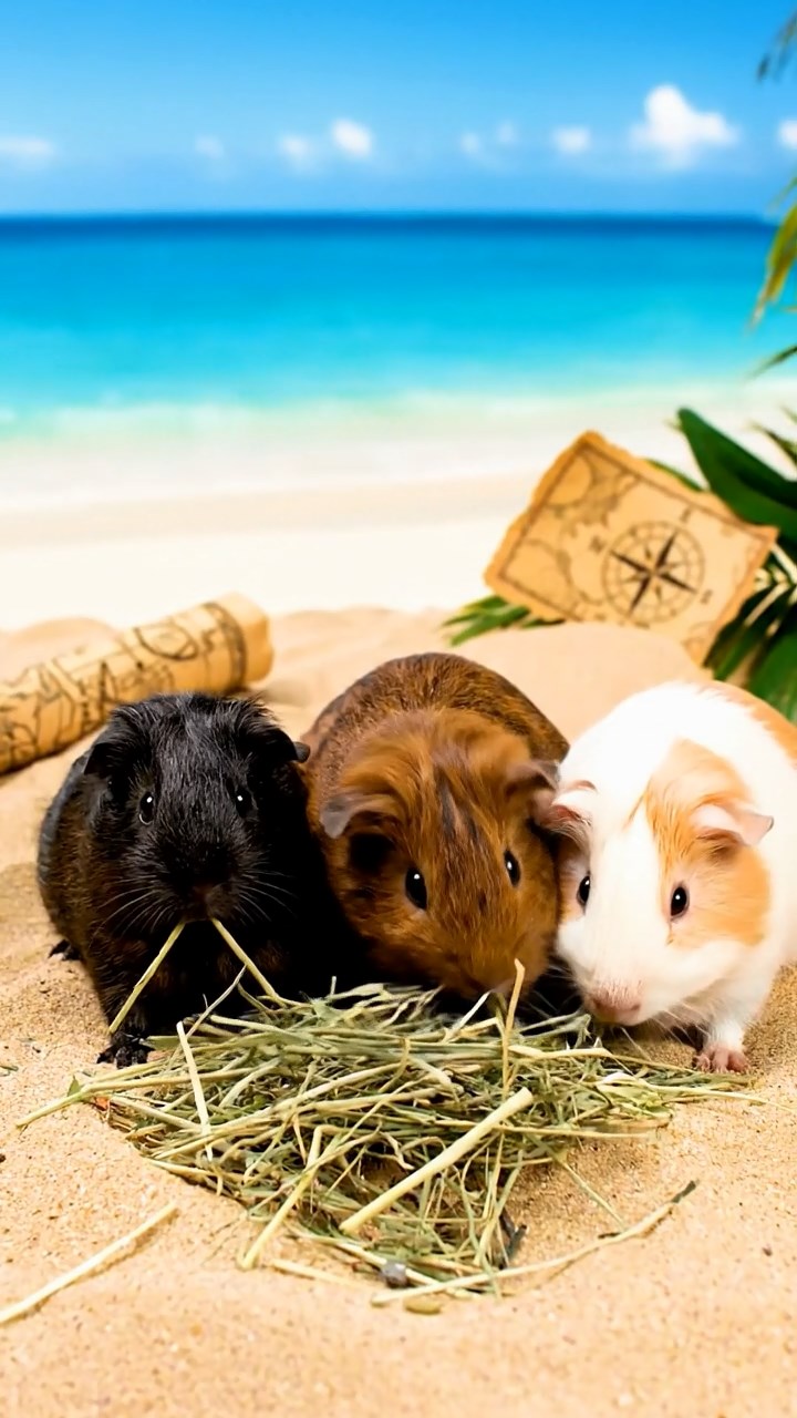 1149. Realistic photo of 3 smooth-haired White Crested guinea pigs featuring black, brown, and cream coats, eating timothy hay, on a pirate island beach with buried treasure maps.