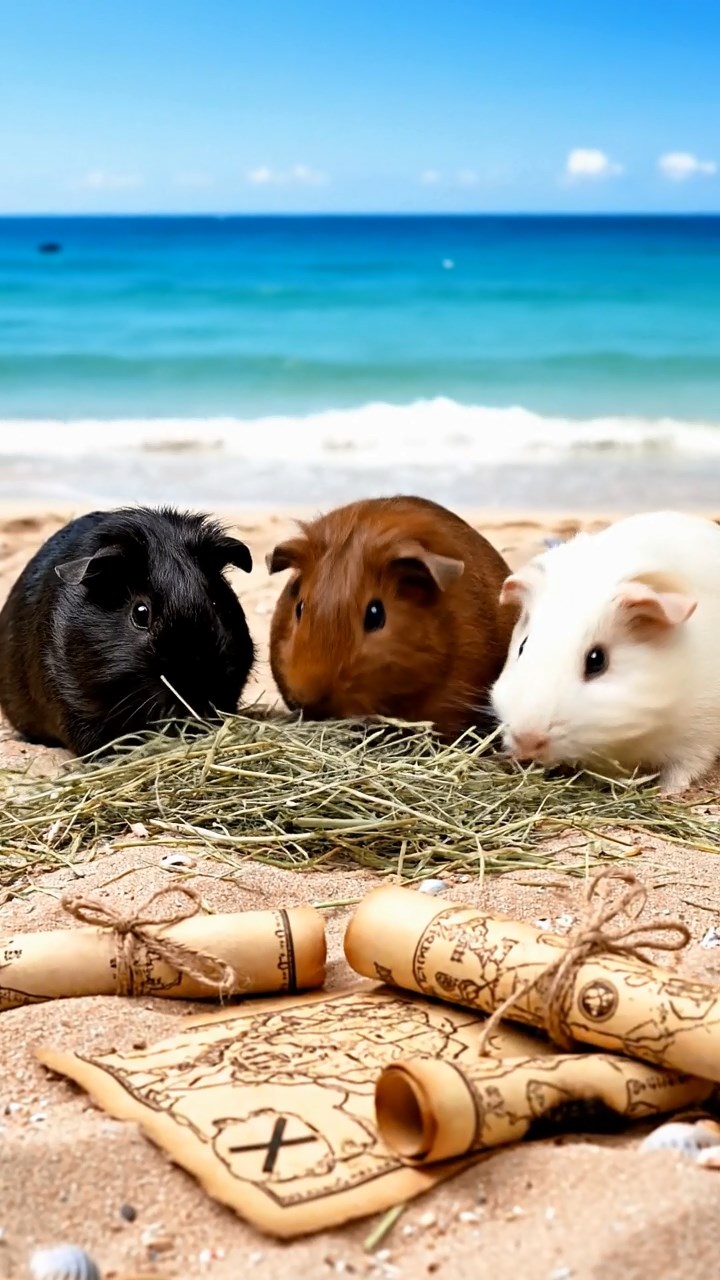1149. Realistic photo of 3 smooth-haired White Crested guinea pigs featuring black, brown, and cream coats, eating timothy hay, on a pirate island beach with buried treasure maps.