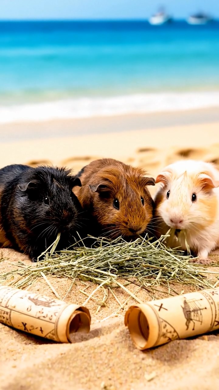 1149. Realistic photo of 3 smooth-haired White Crested guinea pigs featuring black, brown, and cream coats, eating timothy hay, on a pirate island beach with buried treasure maps.