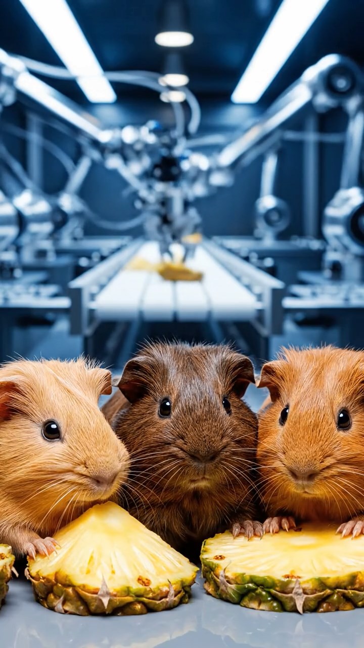 1150. Highly detailed view of 5 smooth-haired Skinny guinea pigs with fawn, chocolate, and cinnamon fur, nibbling on pineapple cores, inside a high-tech robot factory with assembly lines.