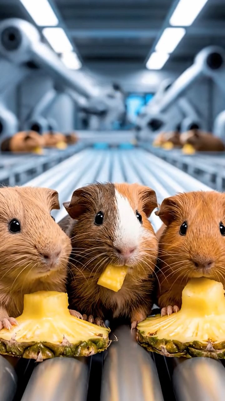 1150. Highly detailed view of 5 smooth-haired Skinny guinea pigs with fawn, chocolate, and cinnamon fur, nibbling on pineapple cores, inside a high-tech robot factory with assembly lines.
