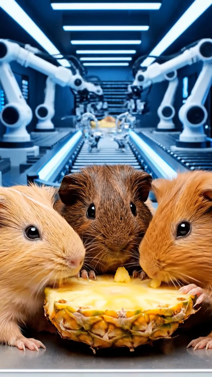 1150. Highly detailed view of 5 smooth-haired Skinny guinea pigs with fawn, chocolate, and cinnamon fur, nibbling on pineapple cores, inside a high-tech robot factory with assembly lines.