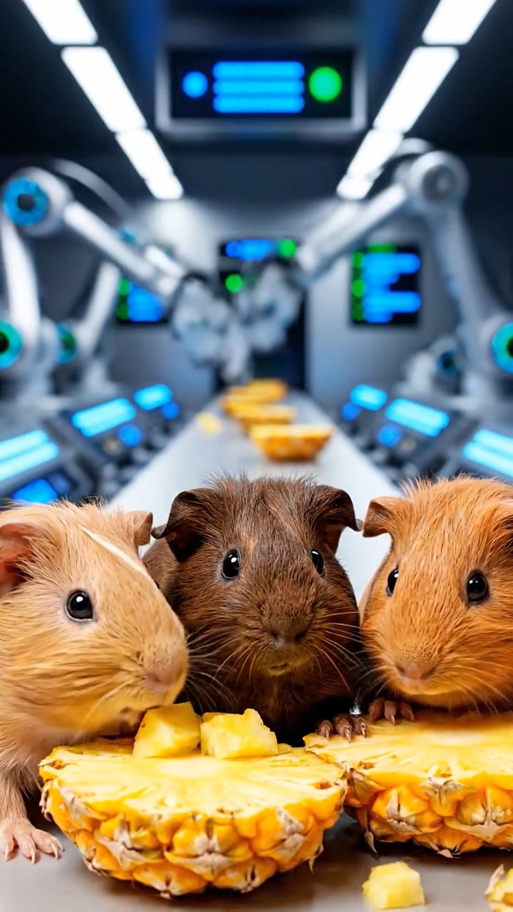 1150. Highly detailed view of 5 smooth-haired Skinny guinea pigs with fawn, chocolate, and cinnamon fur, nibbling on pineapple cores, inside a high-tech robot factory with assembly lines.